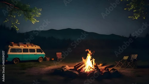 cozy bonfire animation in the camping with a van