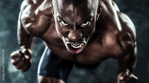 A fierce athlete, baring his teeth, demonstrates raw power and intensity in a moment of determination.