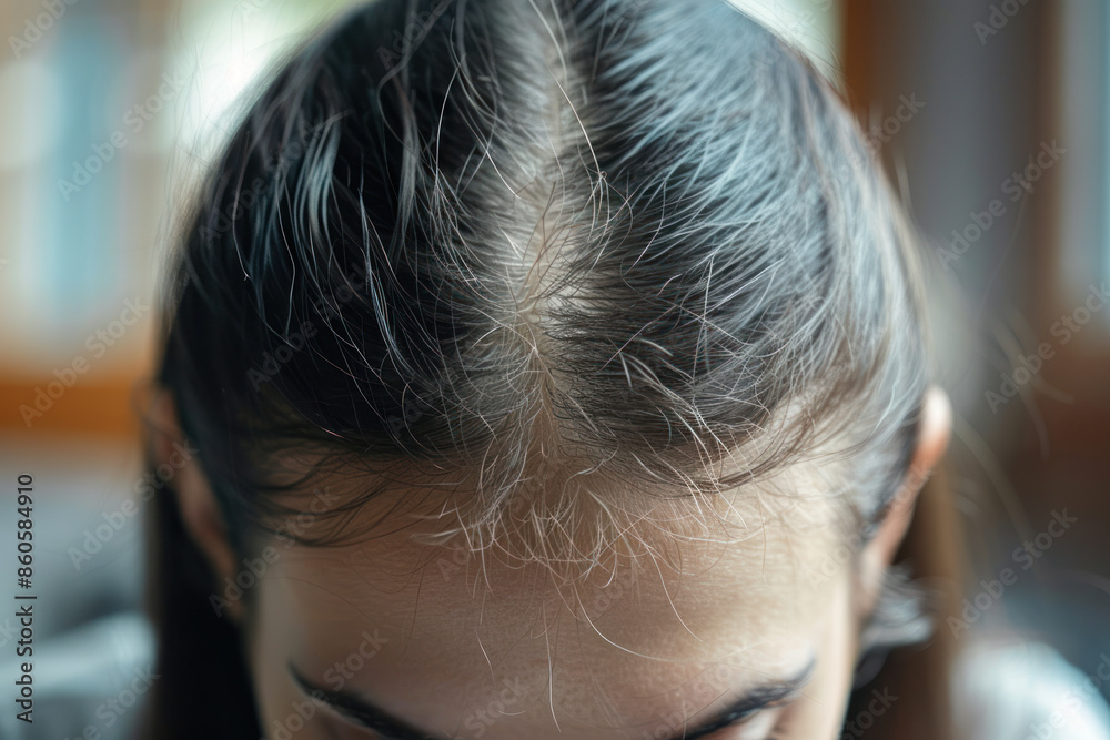 Fototapeta premium Young woman with parted hair on her head. Hair loss