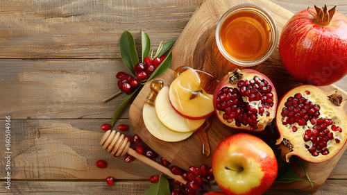 Attractive Apple and pomegranate on a table with honey