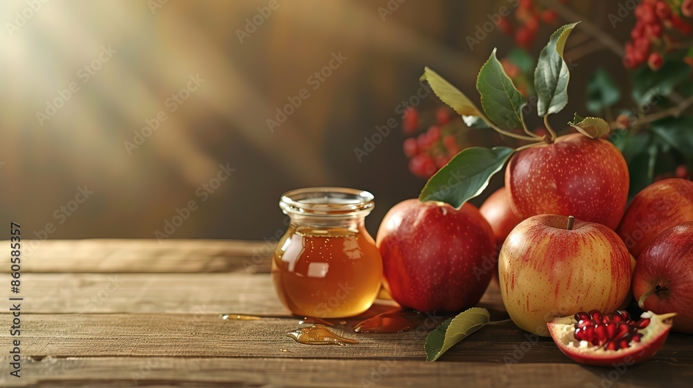 Attractive Red apple pomegranate and honey jar for Jewish New Year isolated on bokeh background Attractive Red apple pomegranate and honey jar for Jewish New Year isolated on bokeh background