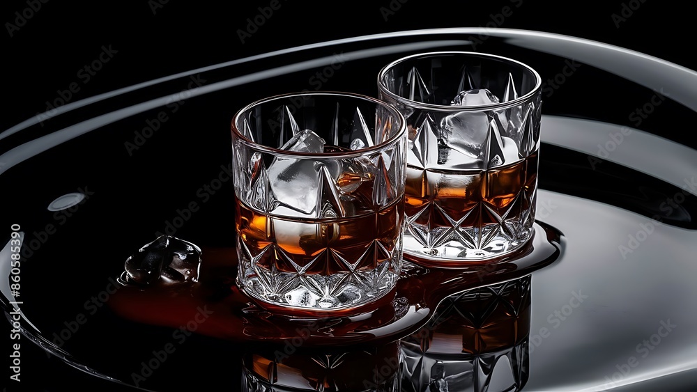 Photo of a whiskey spilling from glasses with ice and bottle on a black background Photo of a whiskey spilling from glasses with ice and bottle on a black background
