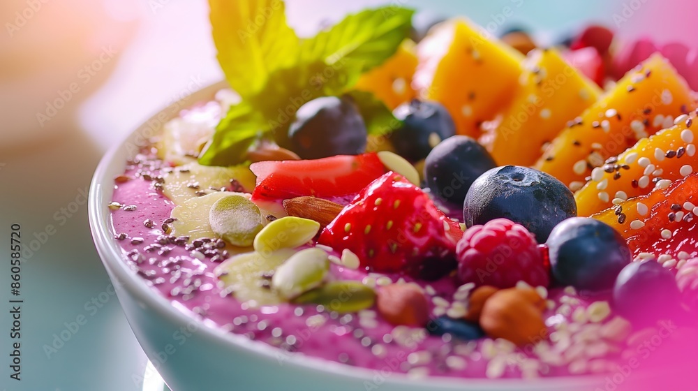 Colorful smoothie bowl topped with fresh fruits, nuts, and seeds. Colorful smoothie bowl topped with fresh fruits, nuts, and seeds.