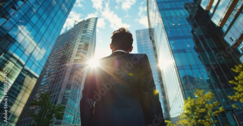 Back view of a businessman in a suit standing before a backdrop of modern office buildings, symbolizing financial growth and corporate success