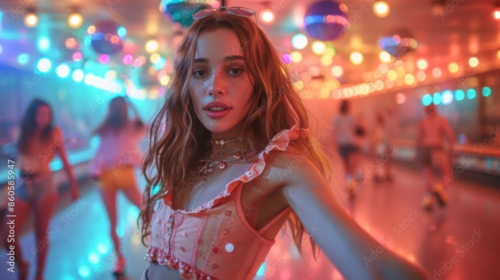 Stylish woman with flowing hair dancing in a nightclub under colorful lights Stylish woman with flowing hair dancing in a nightclub under colorful lights