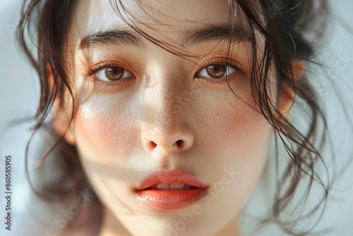 A gorgeous Korean model with a radiant complexion, highlighting a facial massage,
