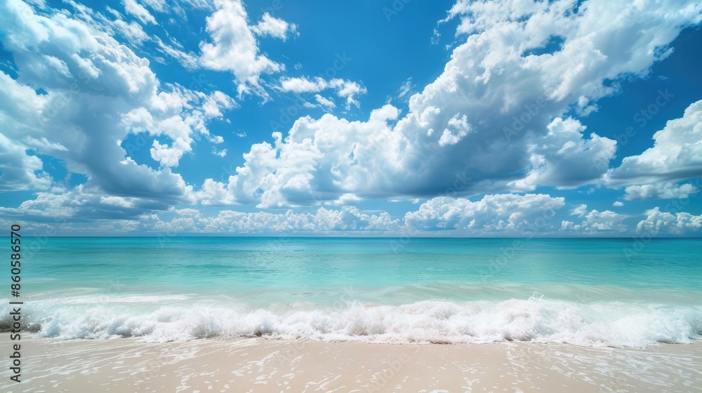 Soft white sand meeting turquoise water under a clear blue sky with fluffy white clouds Soft white sand meeting turquoise water under a clear blue sky with fluffy white clouds