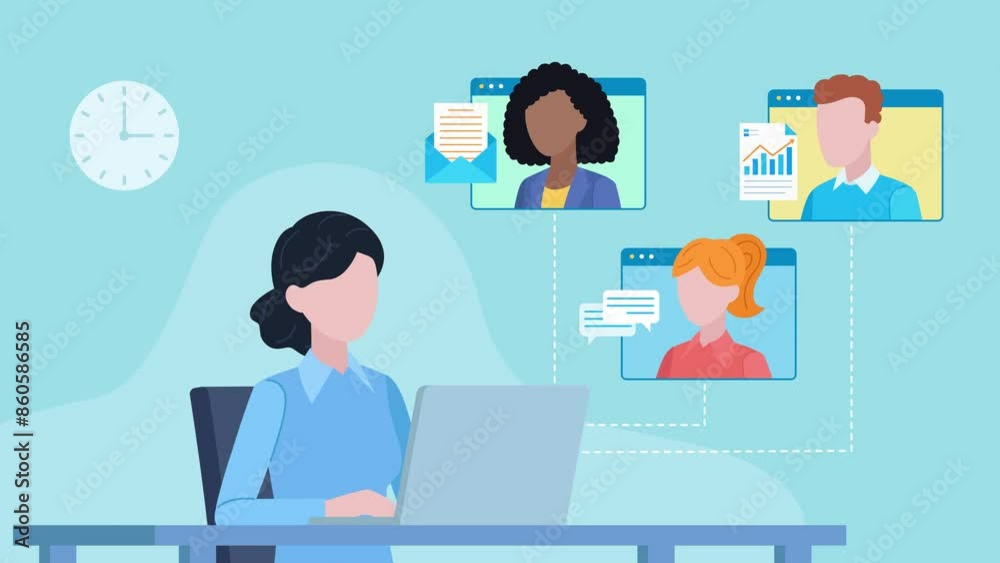 Video of a woman working on laptop and having conversation with three people. Icons of email, document, and speaking bubble show near other people. Diverse work team. Education and learning.