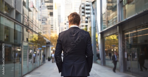 Back view of a businessman in a suit standing before a backdrop of modern office buildings, symbolizing financial growth and corporate success © Stock Pix