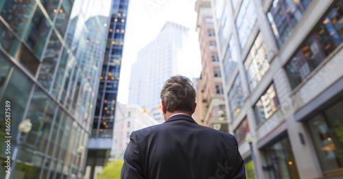 Back view of a businessman in a suit standing before a backdrop of modern office buildings, symbolizing financial growth and corporate success © Stock Pix