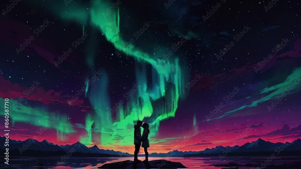 A couple kisses under the Northern Lights, with the sky glowing in vibrant colors and reflecting their love, zoom OBS, anime chill hip hop. Cyan purple colours manga style A couple kisses under the Northern Lights, with the sky glowing in vibrant colors and reflecting their love, zoom OBS, anime chill hip hop. Cyan purple colours manga style