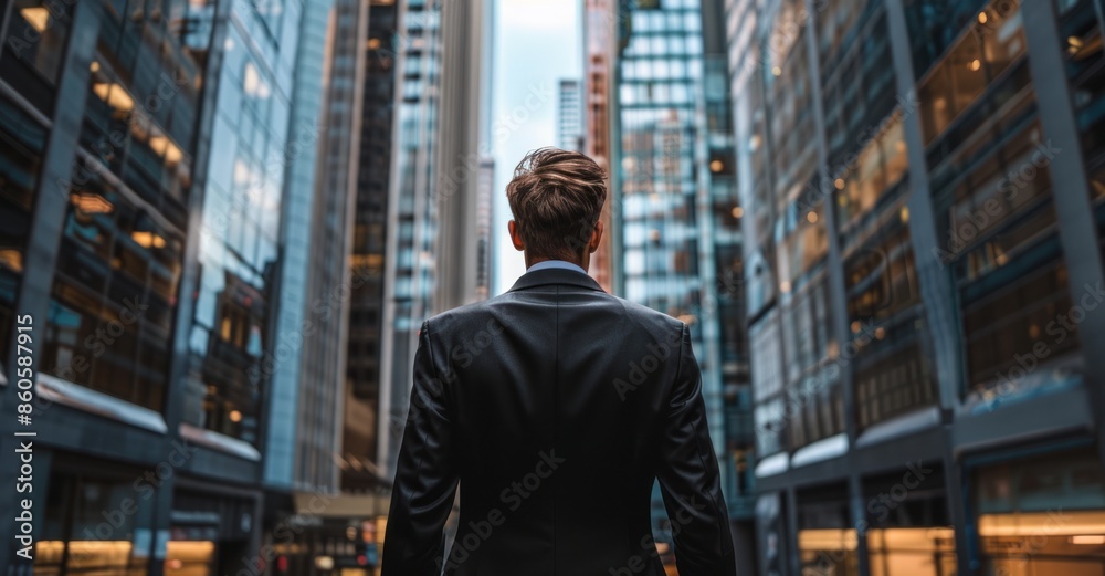 Back view of a businessman in a suit standing before a backdrop of modern office buildings, symbolizing financial growth and corporate success Back view of a businessman in a suit standing before a backdrop of modern office buildings, symbolizing financial growth and corporate success