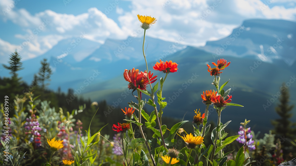 Tall colorful wild flowers in front of mountain range outlook in Banff National Park Canada : Generative AI Tall colorful wild flowers in front of mountain range outlook in Banff National Park Canada : Generative AI