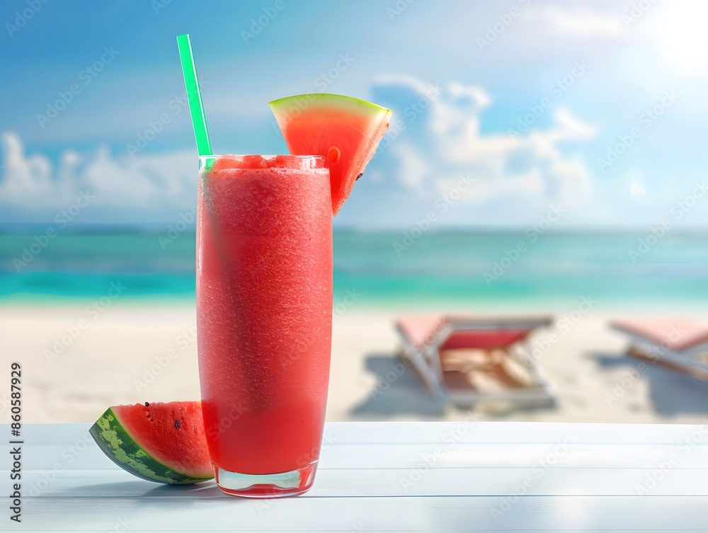 Obraz premium Watermelon Smoothie on Beachside Table: Refreshing Delight