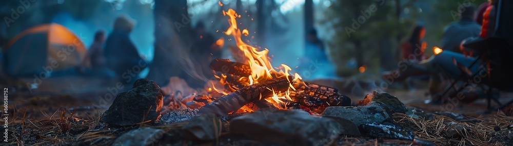 Fototapeta premium Campfire, glowing embers, people gathered, focus on, cozy warmth, realistic, double exposure, forest campsite backdrop