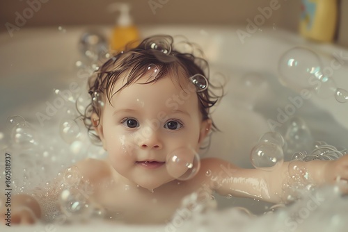 Bath time, baby splashing, bubbles everywhere, focus on, playful scene, whimsical, fusion, bathroom backdrop © Premreuthai