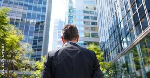 Back view of a businessman in a suit standing before a backdrop of modern office buildings, symbolizing financial growth and corporate success