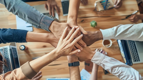 Hands joining, team unity, business meeting, focus on, collective strength, dynamic, composite, conference room backdrop