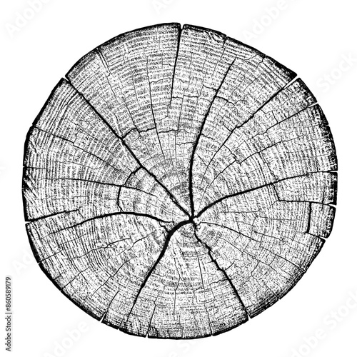 Tree wood texture. Wooden old trunk. Cut timber log. Abstract rings nature pattern. Black circle stump. Wood cross section.