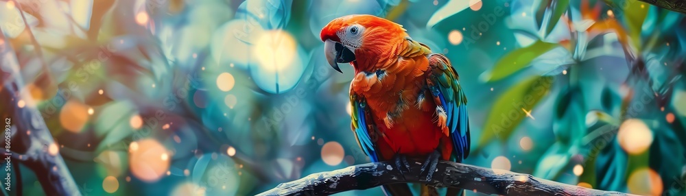 Obraz premium Parrot, vibrant feathers, perched on a branch, selective focus, colorful portrait, surreal, blend mode, tropical forest backdrop
