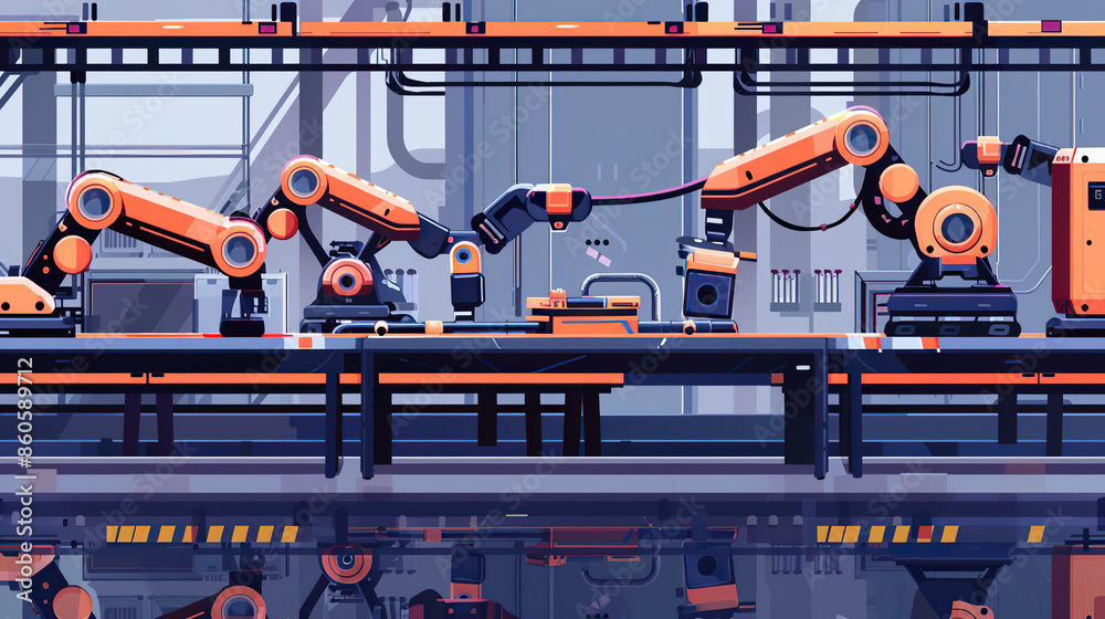 Automated assembly line with robotic arms working Automated assembly line with robotic arms working