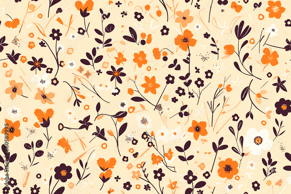 Floral pattern with small orange and white flowers on a beige background. Suitable for spring-themed projects and textiles. Floral pattern with small orange and white flowers on a beige background. Suitable for spring-themed projects and textiles.