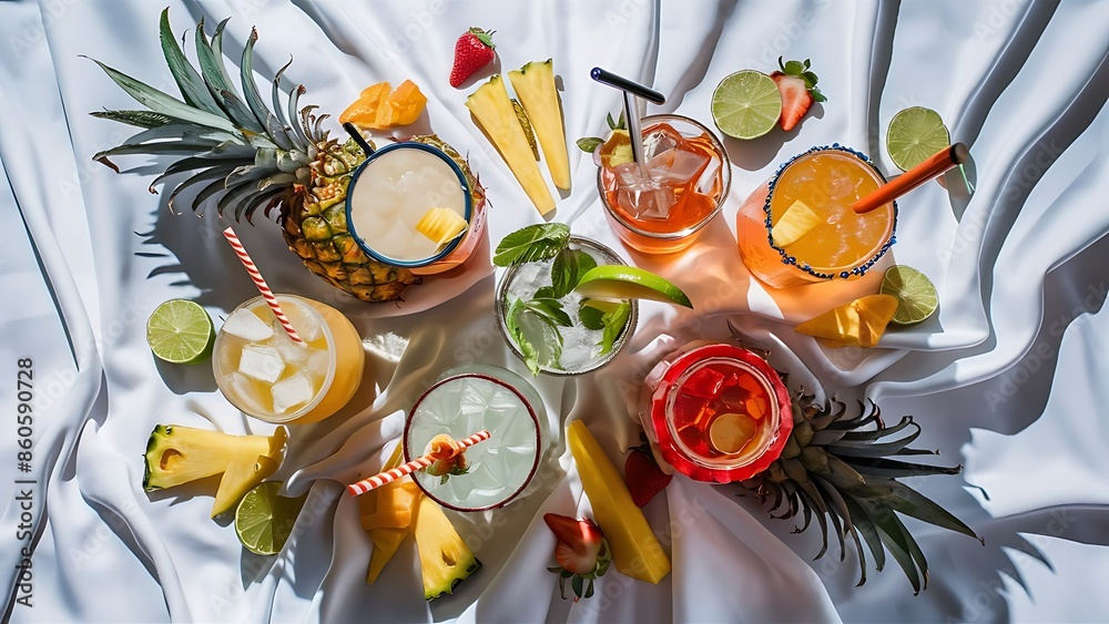 Exotic alcohol drinks set with fruits isolated on white background Exotic alcohol drinks set with fruits isolated on white background