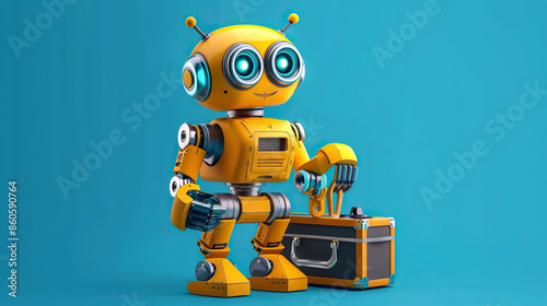 cartoon robotic engineer fixing a robot with a toolbox on isolate blue background