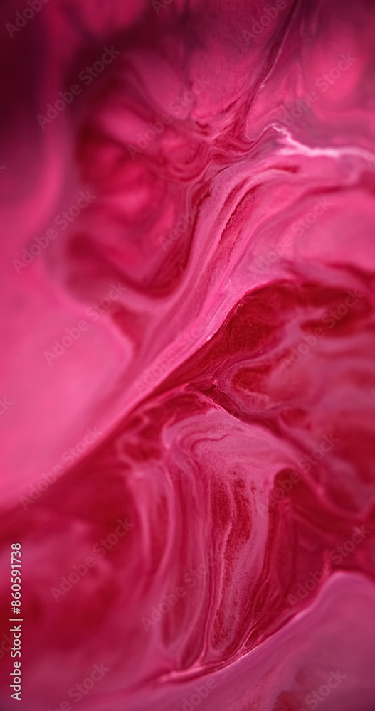 Obraz premium Paint spill. Ink blend. Defocused neon pink red color shimmering texture liquid acrylic emulsion flow wave bright abstract art background.