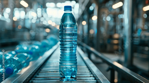 Blue water bottles on a conveyor belt in a modern factory, close up photo