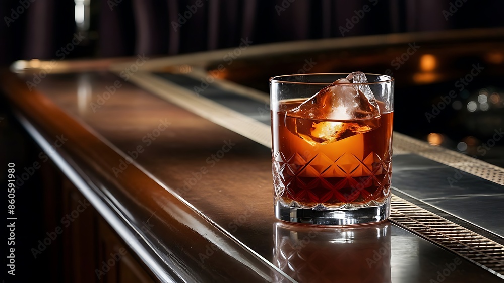 Glass with brown alcoholic drink and piece of ice stands on the bar Glass with brown alcoholic drink and piece of ice stands on the bar