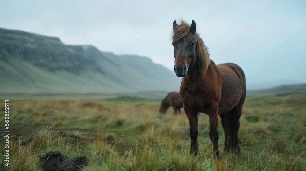 A brown horse stands in a grassy field with mountains in the background A brown horse stands in a grassy field with mountains in the background