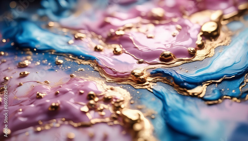 Abstract artwork featuring fluid, swirling patterns in shades of pink, blue, and white, interspersed with golden accents. The design resembles marbled watercolors with delicate gold lines and specks,  photo