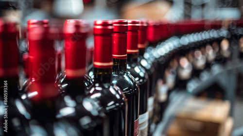 Bottles of red wine on the production line in a modern winery factory. A closeup view of the bottles with a blurred background photo