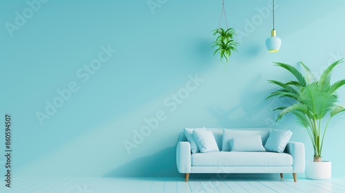 A stylish blue bedroom featuring a contemporary design, with minimalist furniture and decor creating a sleek and modern look. The image offers plenty of copy space for customization, ideal for