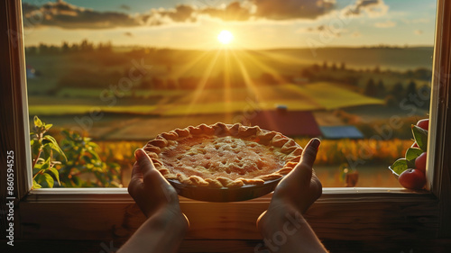 Freshly baked apple pie being held in a window by two hands with a view outside to a sunset over an American Midwest farm. photo