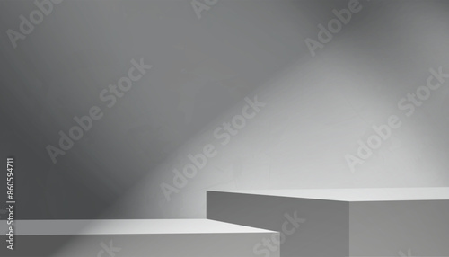 Background Grey Wall Studio Room with Shadow,Light on Cement floor Surface Texture,Empty Interior Display Room with Podium Stage Stand,Vector Backdrop Concrete background for Winter Product Present