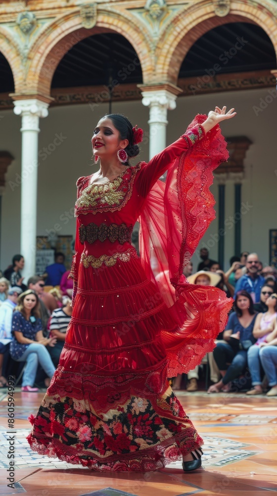 Fototapeta premium The Flamenco Festival in Seville. holidays in Spain. The girl in Spanish traditional attire. A woman is dancing a traditional Spanish dance