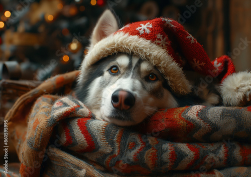 Funny Husky Dog with Santa Hat on Festive Christmas Background
 photo