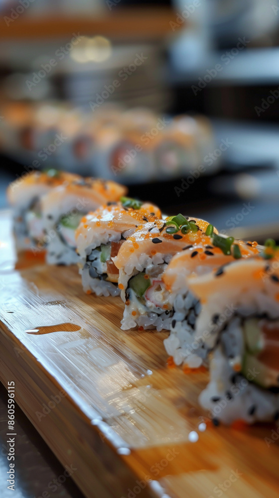 California roll with sesame seeds on top sitting on a bamboo countertop. California roll with sesame seeds on top sitting on a bamboo countertop.
