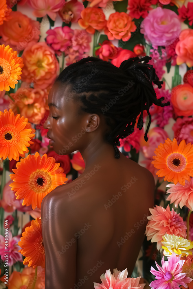 An African American woman stands with her back to the camera, with various bright orange and pink flowers around her 