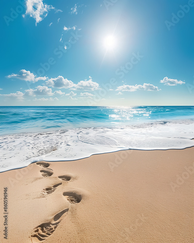 Footprints leading towards the ocean on a pristine sandy beach © VikaKa
