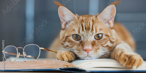 Studious ginger cat with glasses reading a book. Concept Cute Cat, Ginger, Glasses, Reading, Book Live Action photo