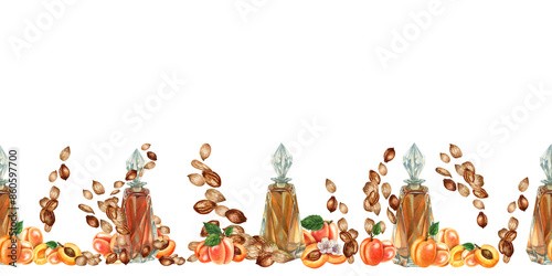 Seamless border of vintage glass bottles with bright juicy apricots and pits. Watercolor illustration of liqueur, amaretto, perfume, aromatic oils for aromatherapy, alcohol, alchemy, drinks photo