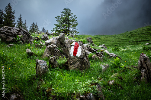 Mountain landscape with trail marking sign in the foreground, shot in Breccaschlund, Schwarzsee, Switzerland