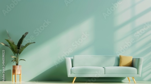 A cozy living room decorated in soft green hues, with minimalist furniture and decor creating a warm and inviting atmosphere. The image offers ample copy space for customization.