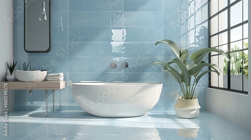 luxurious bathroom with tiles and big white bathtub © Chimpanzky 