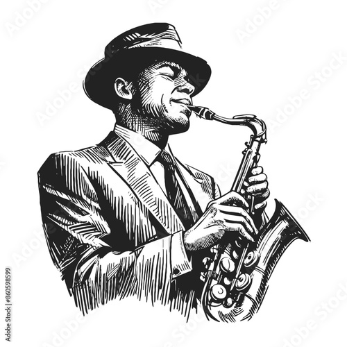 Jazz musician playing on saxophone, black and white vector sketch