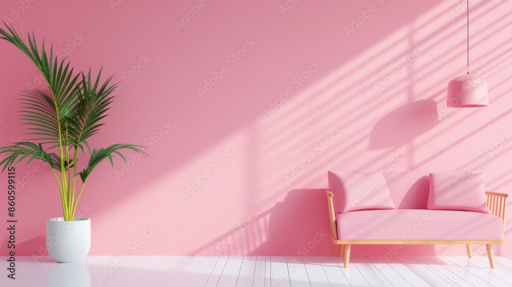 A stylish and minimalist pink living room with clean design, simple furnishings, and plenty of space for creative additions. A stylish and minimalist pink living room with clean design, simple furnishings, and plenty of space for creative additions.