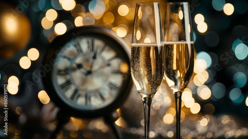 New Year's Eve Champagne Toast with Clock. Two champagne flutes with a blurred vintage clock in the background, symbolizing a New Year's Eve celebration.